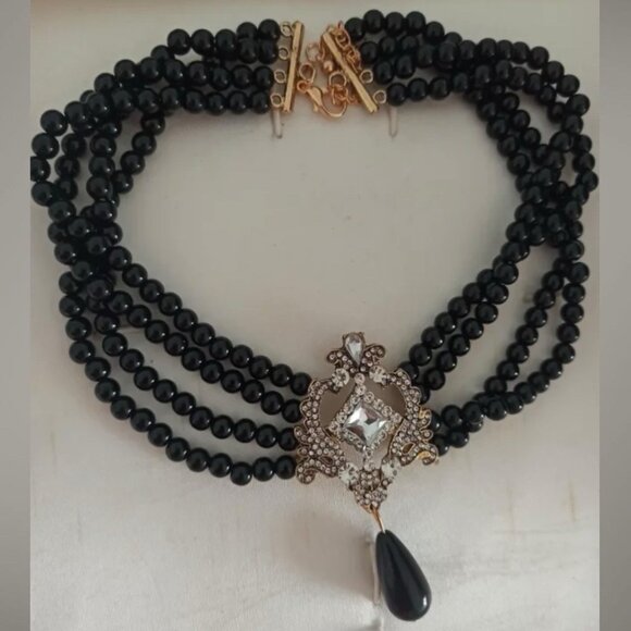 Multilayer Pearl Cluster Bib Elegant Choker Necklace Crystal Black Pearls - Picture 7 of 7